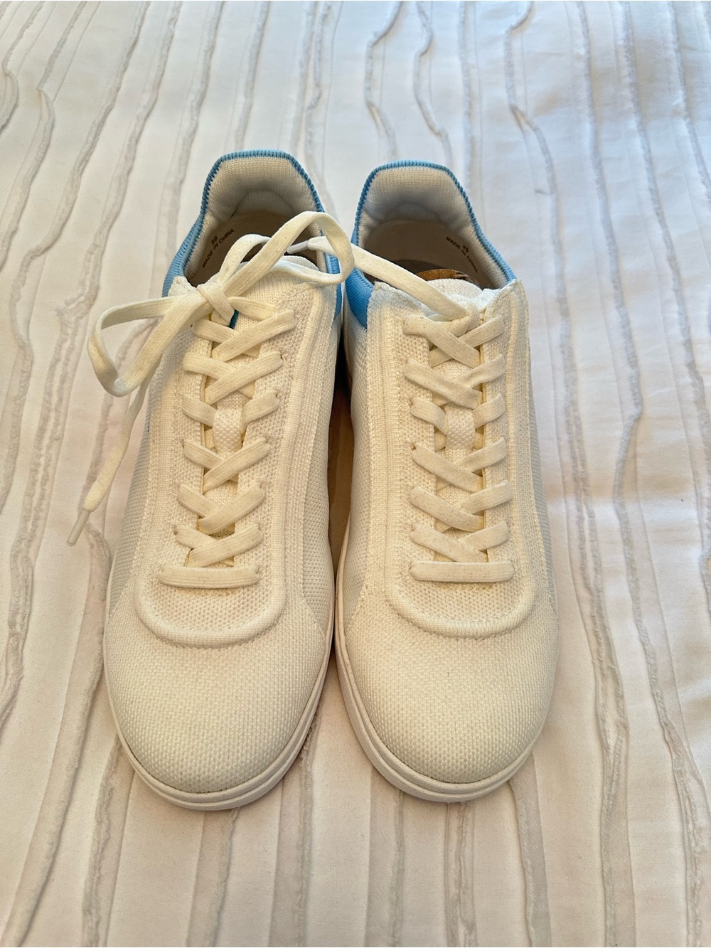 Vivaia White Knit Lace-Up Sneakers with Blue Trim